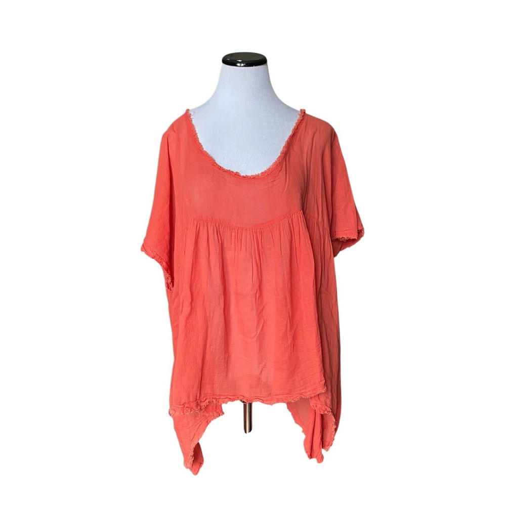 Anaak Cotton Gauze Peasant Blouse XS Orange Raw Hem Flowy Artisan Boho Lagenlook